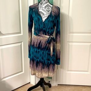 Long sleeve, multi colored, faux wrap dress